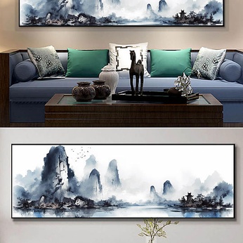 Fishing Boat Horizontal Edition Chinese Style Ink Landscape Illustration New Chinese Decorative Painting