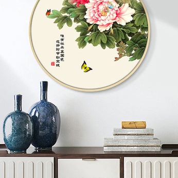 Modern Simple New Chinese Hand Painted Peony Pen Flower Bird Round Decorative Painting