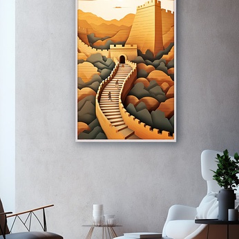 Golden Autumn Great Wall of China Beijing Great Wall Paper-cut Style Illustration Decorative Painting