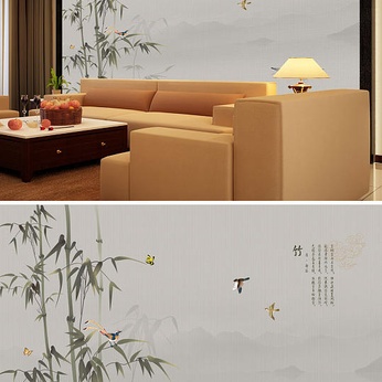 Ink Painting Bamboo Bird Boat Background Wall