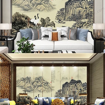 Vintage Chinese landscape painting background wall