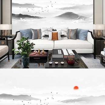 New Chinese landscape painting TV background wall