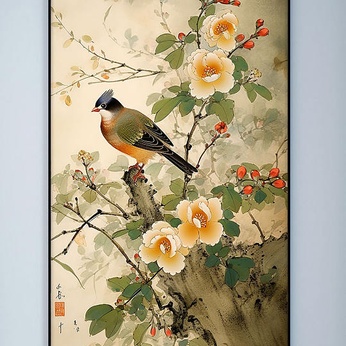 Chinese decorative painting with red ears and yellow peony pen