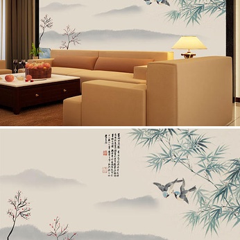 Ink Painting Bamboo Bird Background Wall