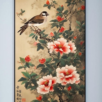 Chinese decorative painting with sparrow red peony flower pen