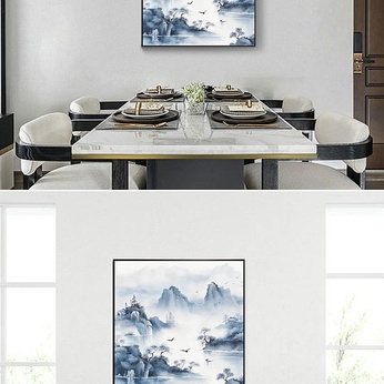 Hand Painted Chinese Fengshui Ink Landscape Illustration New Chinese Decorative Painting