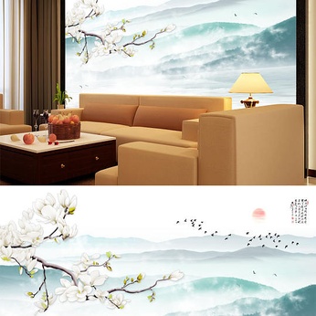 Ink Landscape Landscape Magnolia Small Boat Background Wall