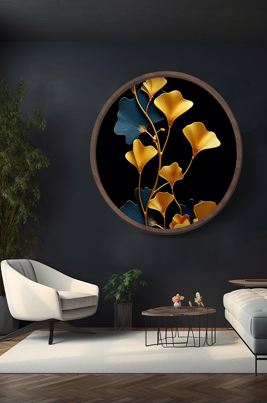 Blue Gold Light Luxury European Ginkgo Leaf Interior Decoration Painting