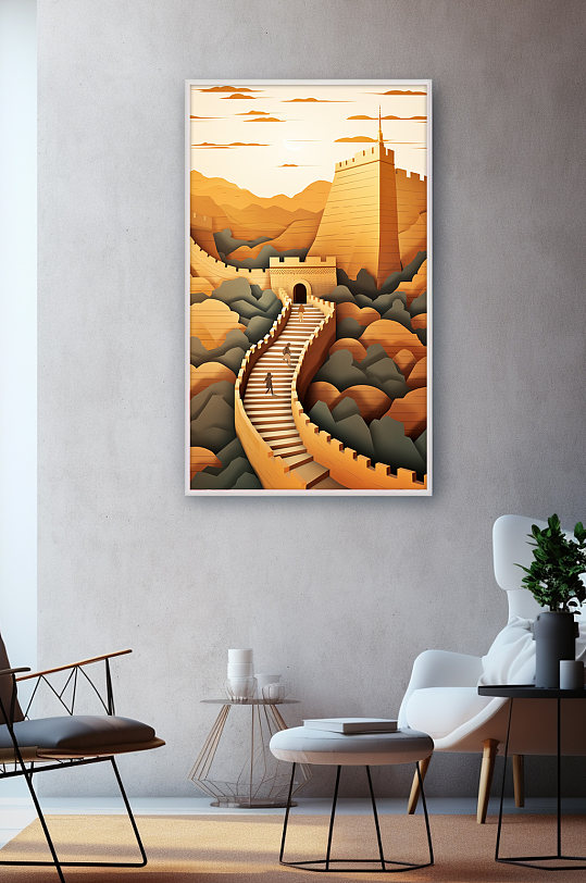 Golden Autumn Great Wall of China Beijing Great Wall Paper-cut Style Illustration Decorative Painting