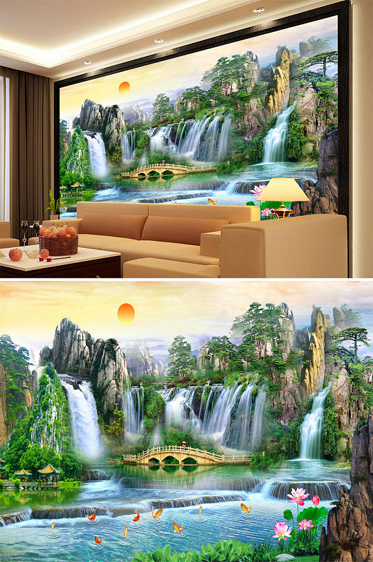 Landscape painting Alpine flowing waterfall Lotus background wall