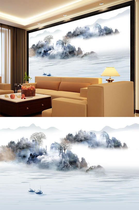 Ink painting Landscape painting Peak tree Boat background wall